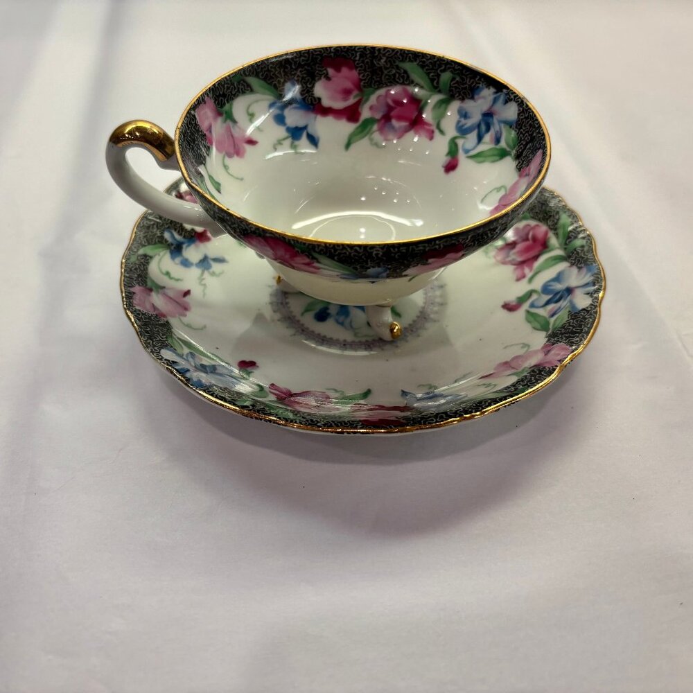 Vintage Norcrest Sweet Pea Fantasia 3 Footed Bone China Teacup & Saucer
